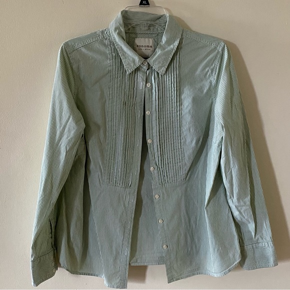 Vintage Women Size XL Sonoma Button Up Blouse Green White Stripes Pleated Lapel - Picture 3 of 9